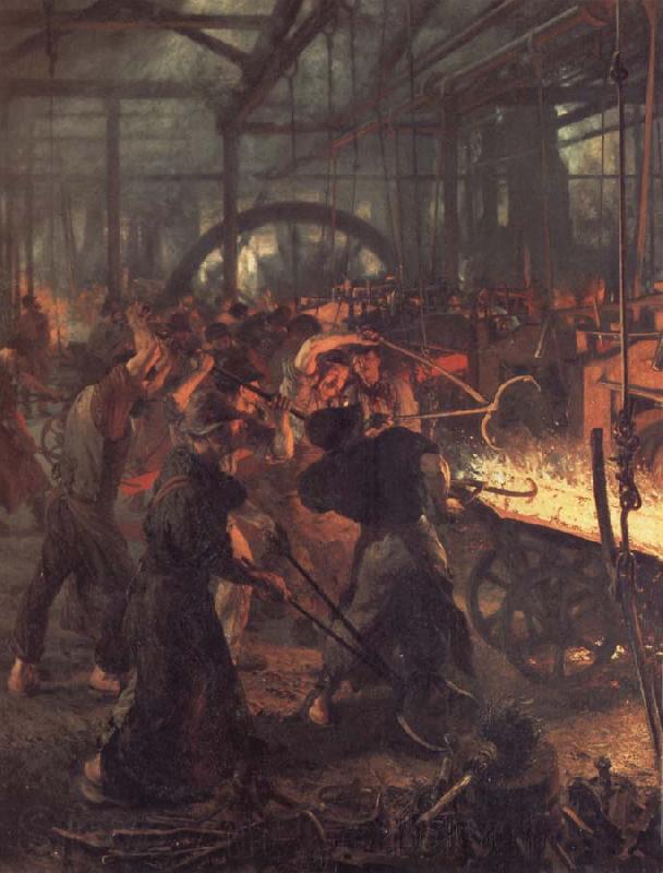 Adolph von Menzel Das Eisenwalzwerk,Ausschnitt:Einschieben des Blockes in das Walzwerk Spain oil painting art